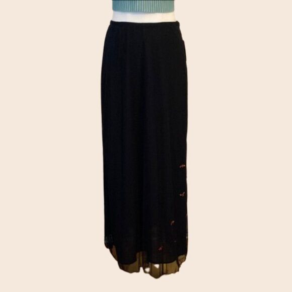 Vintage Valerie Stevens Mesh Black Maxi Skirt w/ Floral Embellishments Sz 6 NWT - Picture 1 of 9